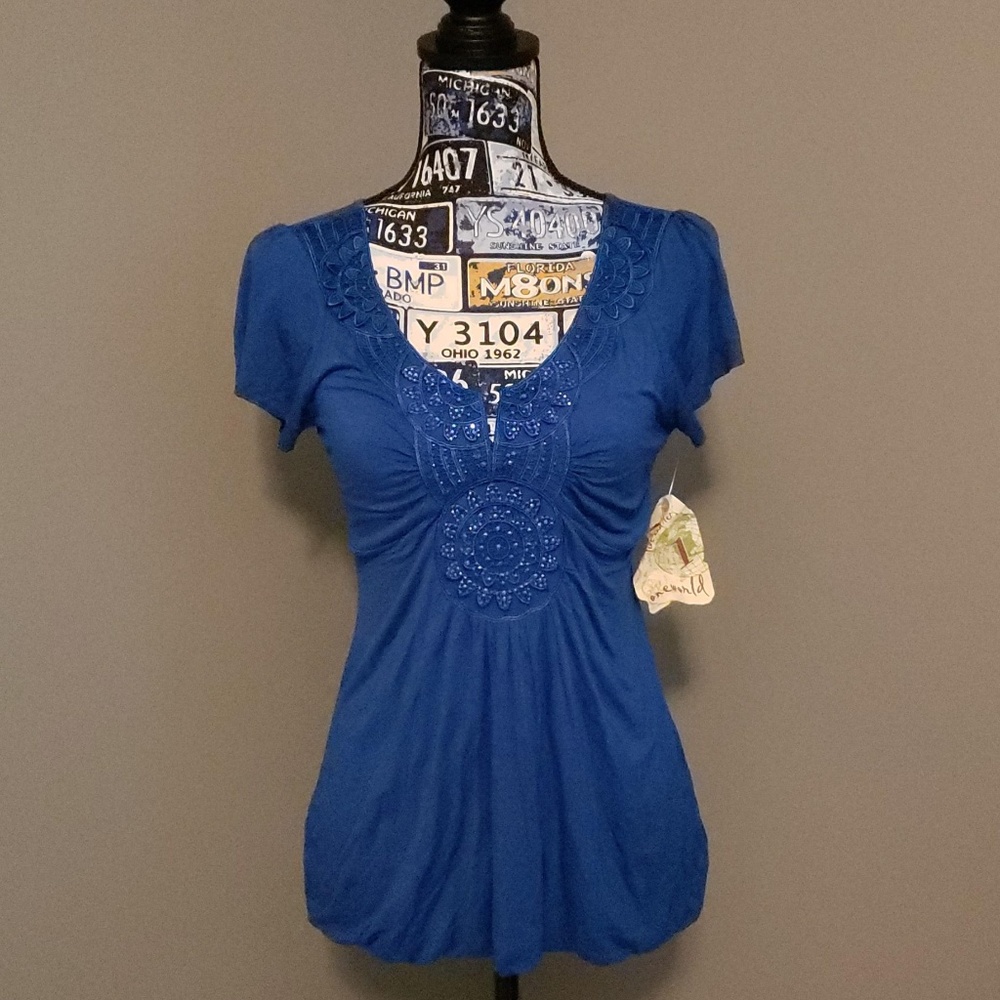 One World Live and Let Live Blue Short Sleeve Top